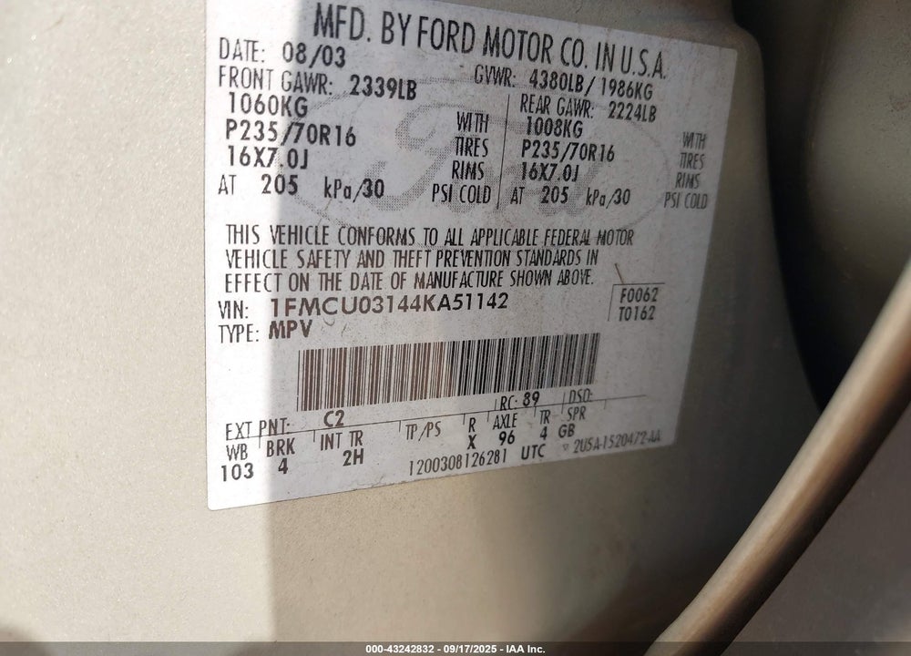 2004 FORD ESCAPE XLT VIN: 1FMCU03144KA51142
