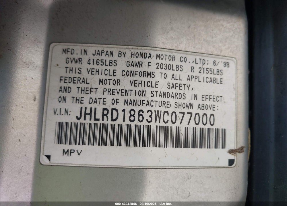 1998 HONDA CR-V EX VIN: JHLRD1863WC077000
