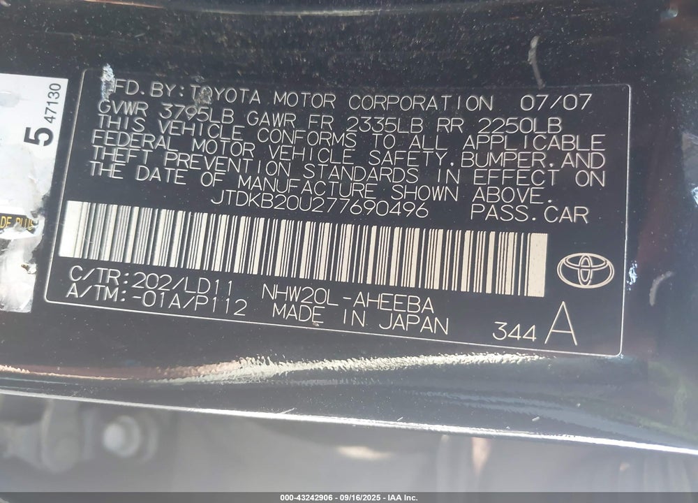 2007 TOYOTA PRIUS VIN: JTDKB20U277690496