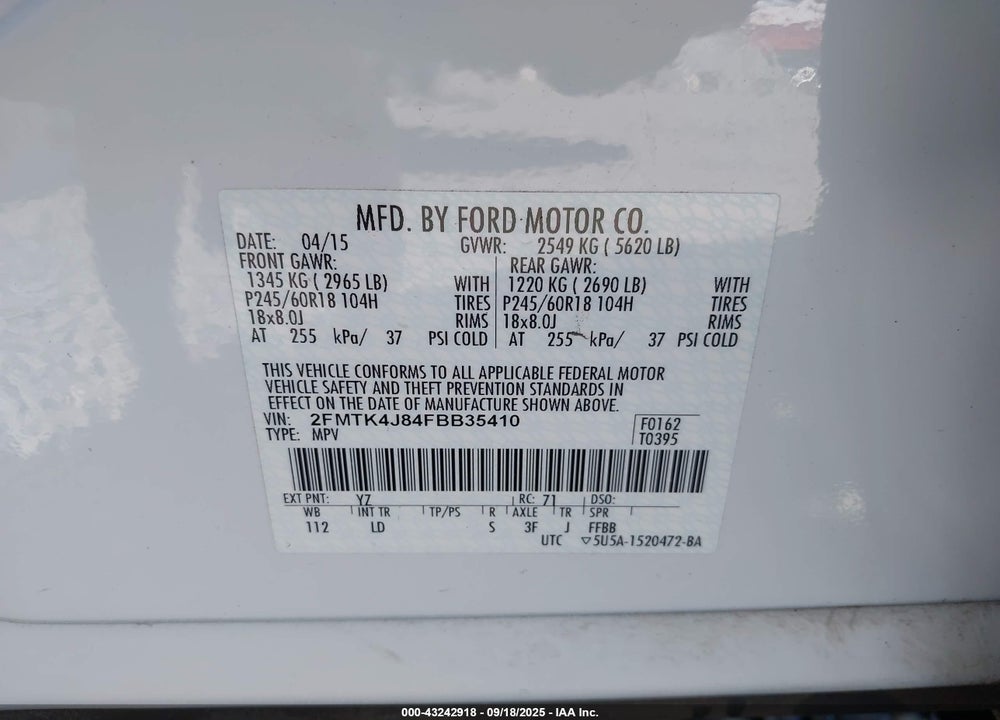 2015 FORD EDGE VIN: 2FMTK4J84FBB35410