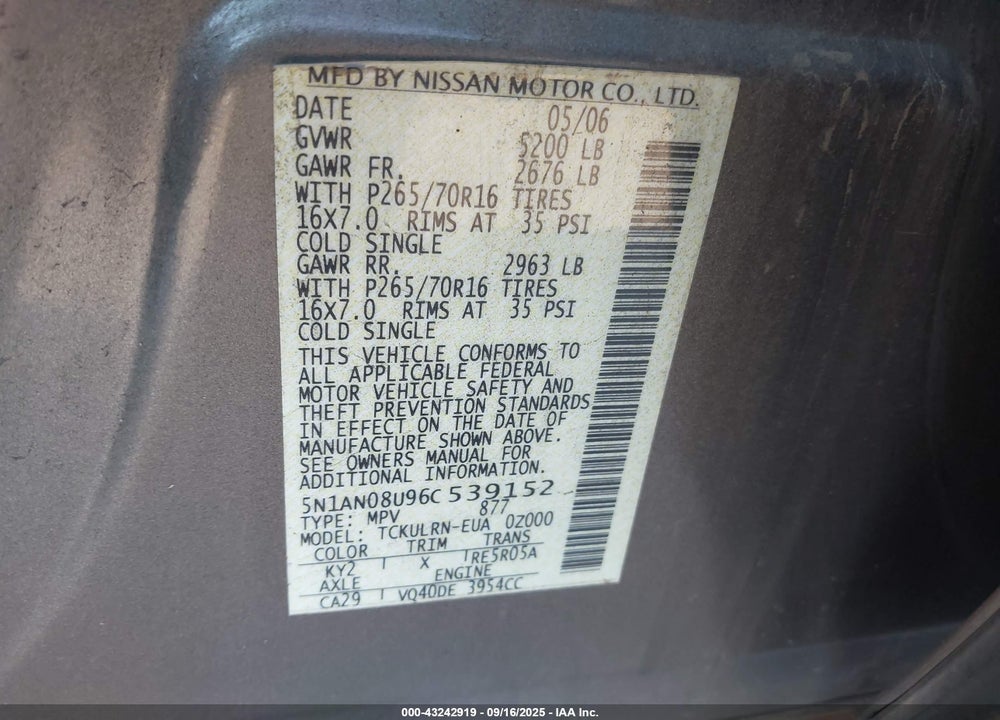 2006 NISSAN XTERRA S VIN: 5N1AN08U96C539152