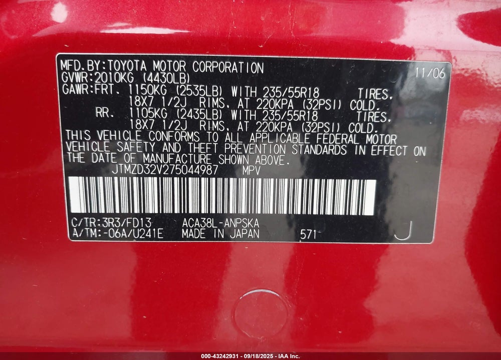 2007 TOYOTA RAV4 SPORT VIN: JTMZD32V275044987