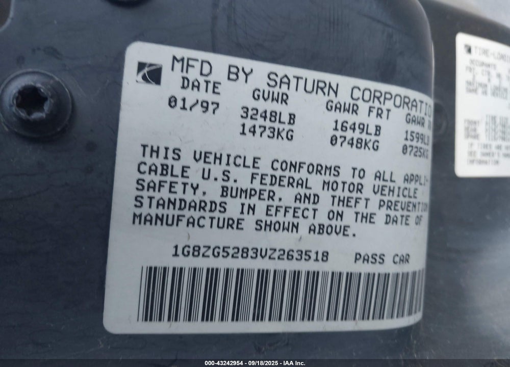 1997 SATURN SL SL1 VIN: 1G8ZG5283VZ263518