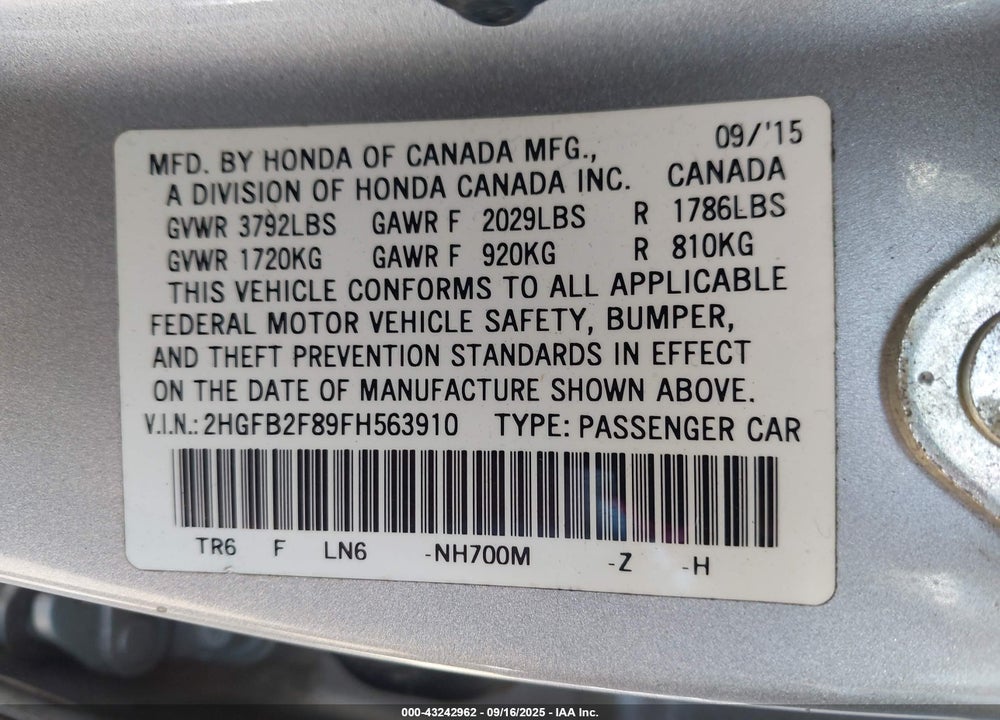 2015 HONDA CIVIC EX VIN: 2HGFB2F89FH563910