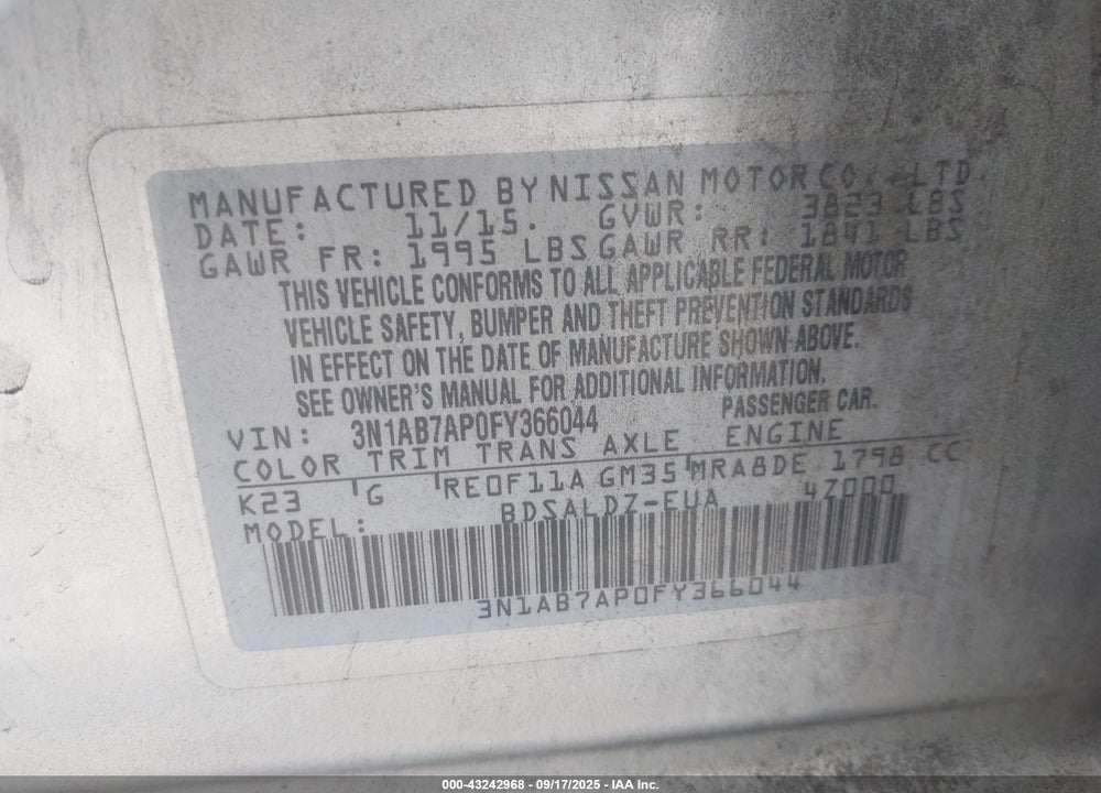 2015 NISSAN SENTRA VIN: 3N1AB7AP0FY366044