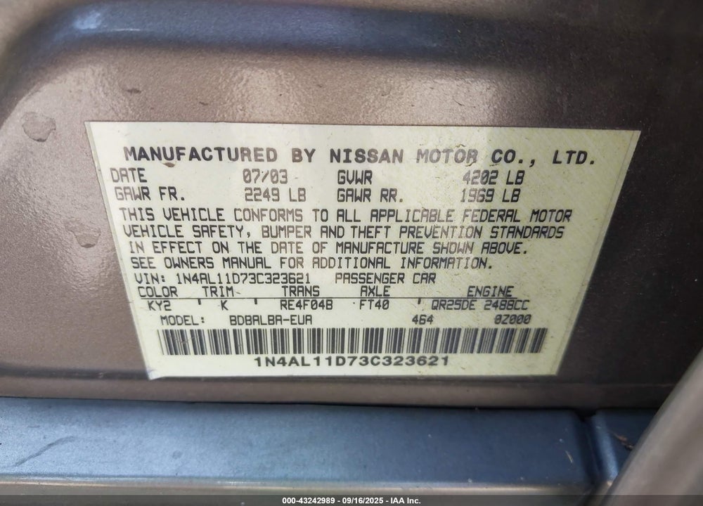 2003 NISSAN ALTIMA VIN: 1N4AL11D73C323621