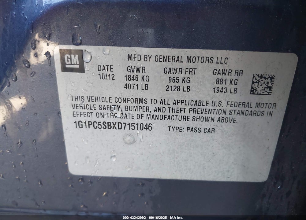 2013 CHEVROLET CRUZE VIN: 1G1PC5SBXD7151046