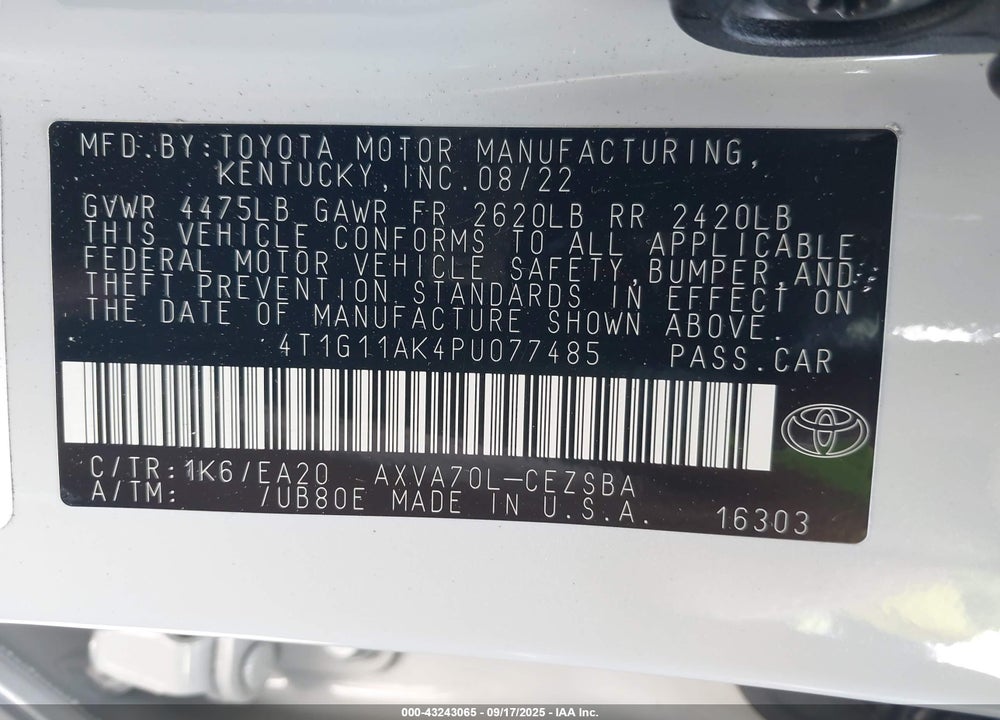 2023 TOYOTA CAMRY VIN: 4T1G11AK4PU077485