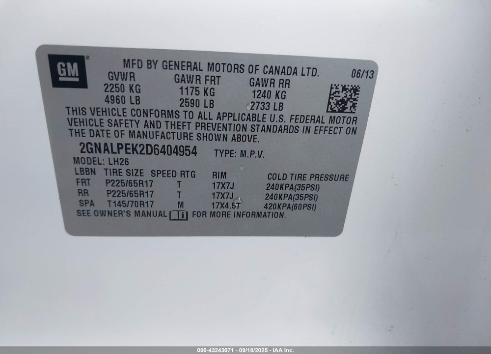 2013 CHEVROLET EQUINOX VIN: 2GNALPEK2D6404954