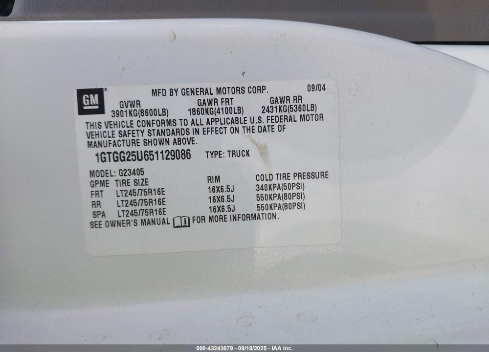 2005 GMC SAVANA STANDARD VIN: 1GTGG25U651129086