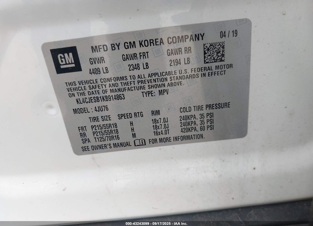 2019 BUICK ENCORE AWD PREFERRED VIN: KL4CJESB1KB914863