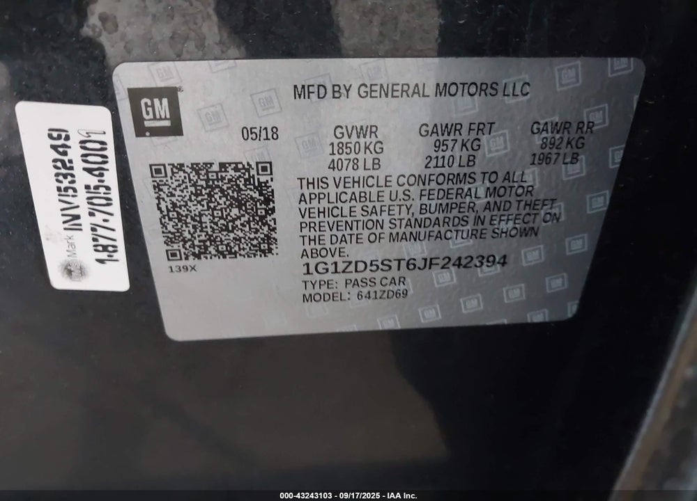 2018 CHEVROLET MALIBU LT VIN: 1G1ZD5ST6JF242394