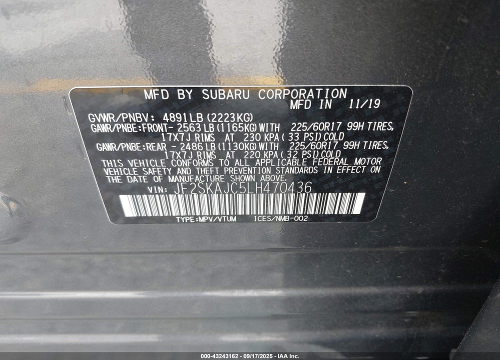 2020 SUBARU FORESTER PREMIUM VIN: JF2SKAJC5LH470436