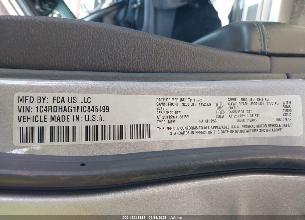 2021 DODGE DURANGO SXT PLUS RWD VIN: 1C4RDHAG1MC846499