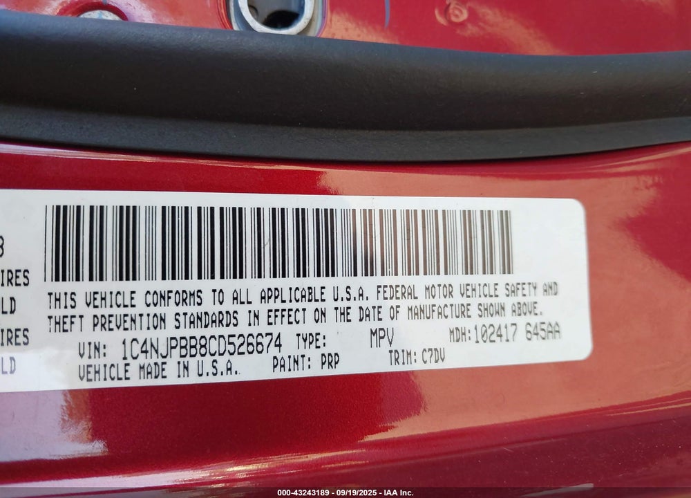 2012 JEEP PATRIOT VIN: 1C4NJPBB8CD526674