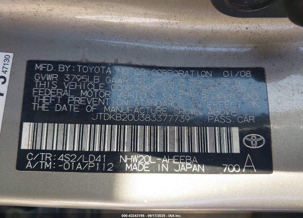 2008 TOYOTA PRIUS VIN: JTDKB20U383377739