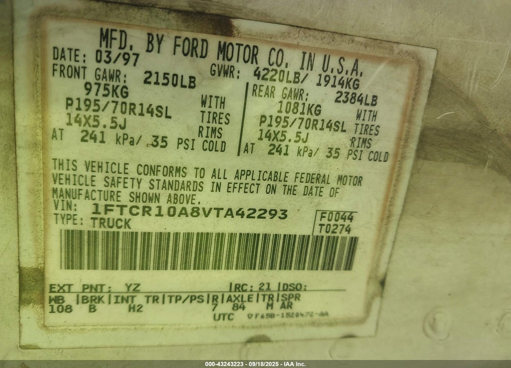 1997 RANGER FORD  SPLASH/XL/XLT VIN: 1FTCR10A8VTA42293