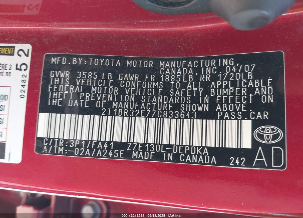 2007 TOYOTA COROLLA CE VIN: 2T1BR32E77C833643