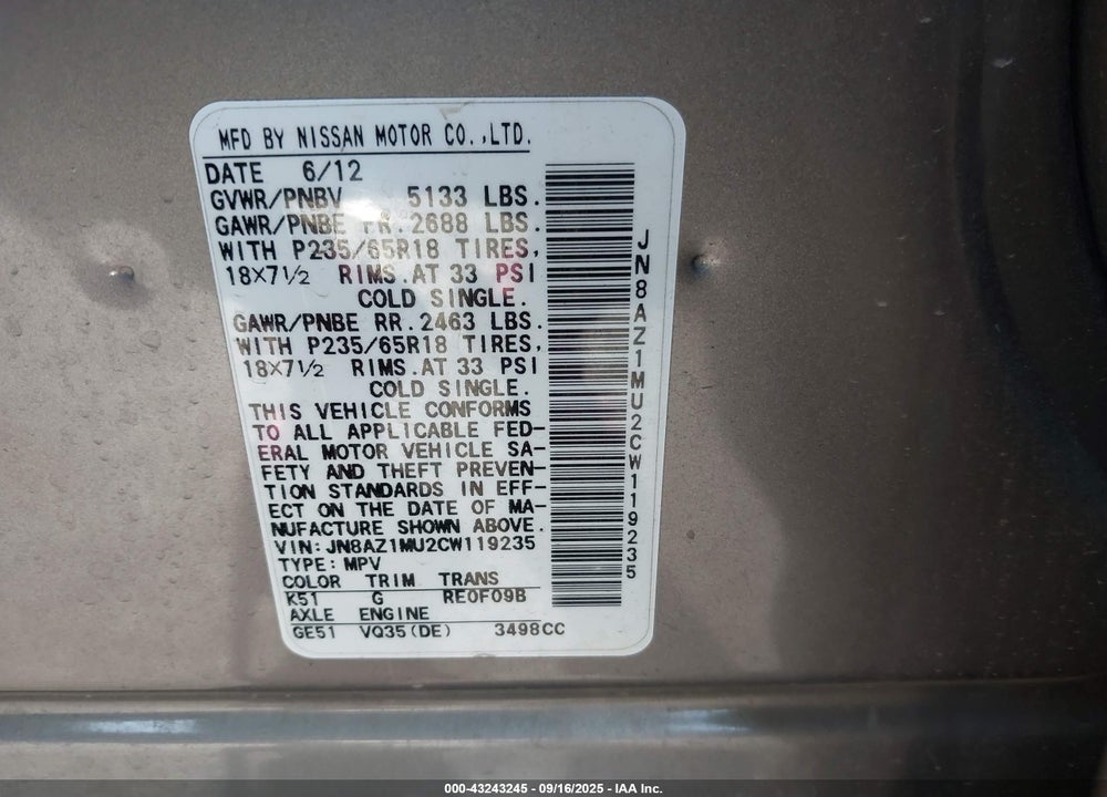 2012 NISSAN MURANO S VIN: JN8AZ1MU2CW119235