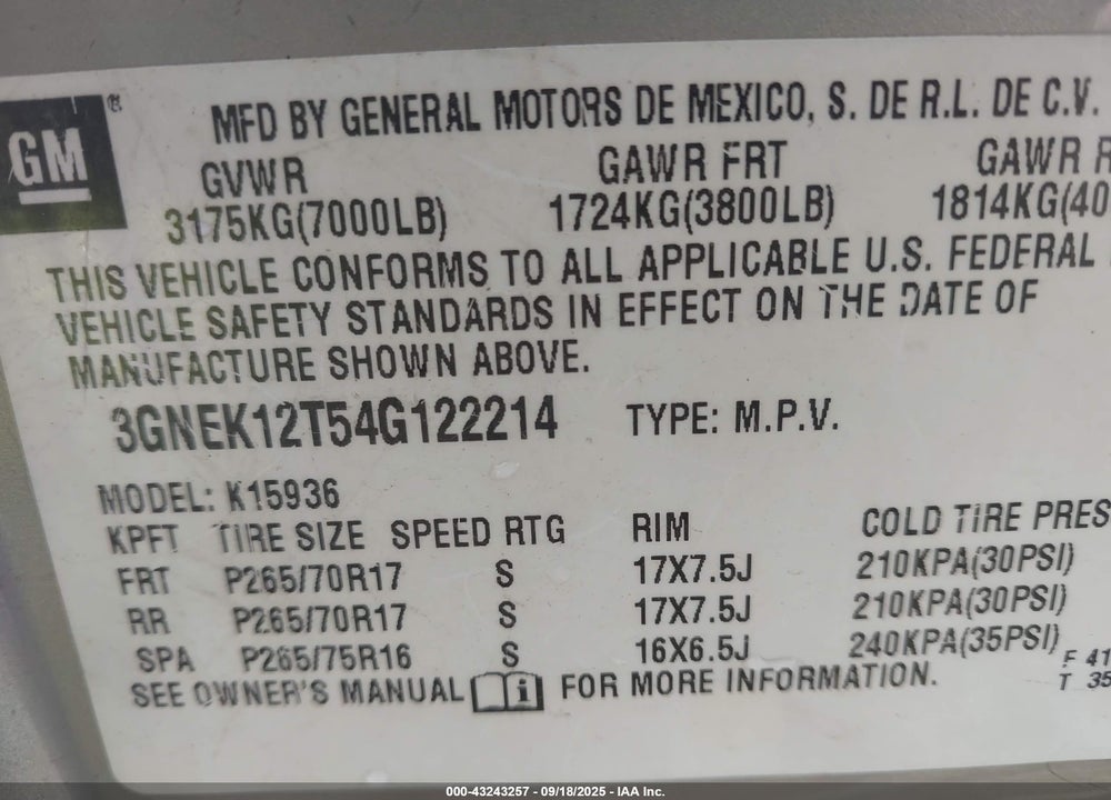 2004 CHEVROLET AVALANCHE 1500 VIN: 3GNEK12T54G122214
