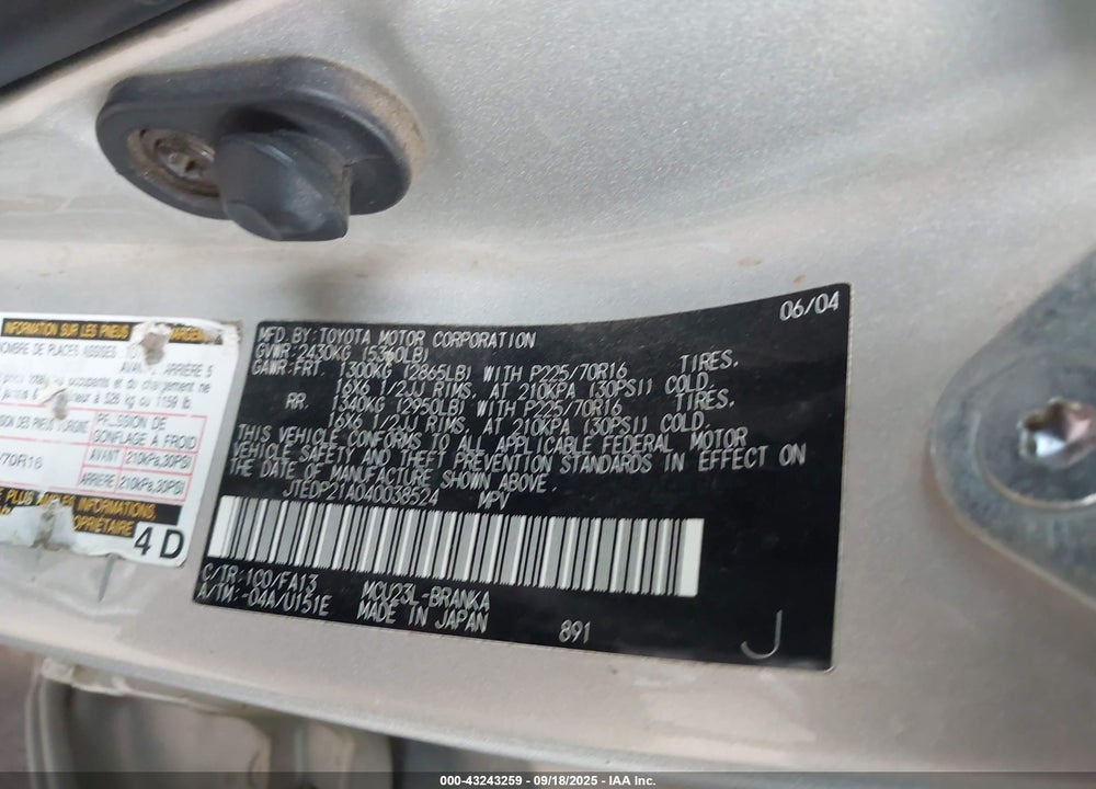 2004 TOYOTA HIGHLANDER V6 VIN: JTEDP21A040038524