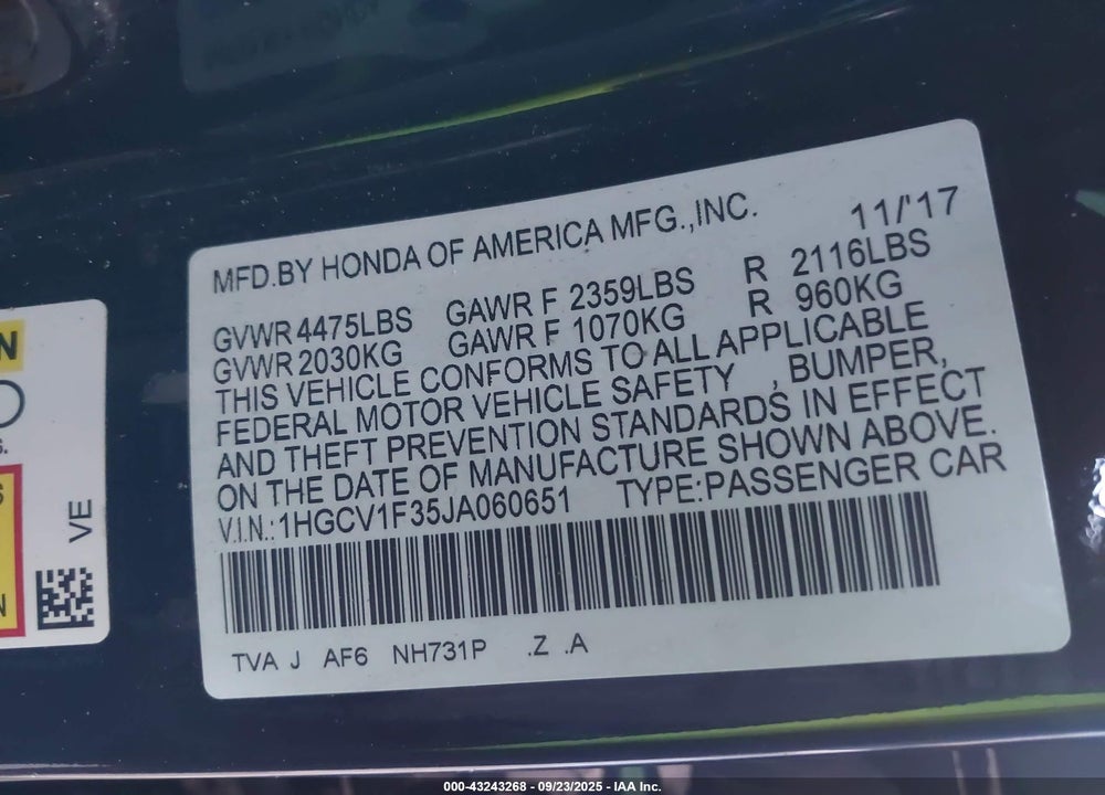 2018 HONDA ACCORD VIN: 1HGCV1F35JA060651