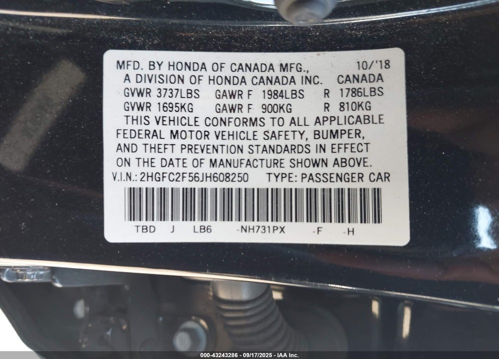 2018 HONDA CIVIC VIN: 2HGFC2F56JH608250