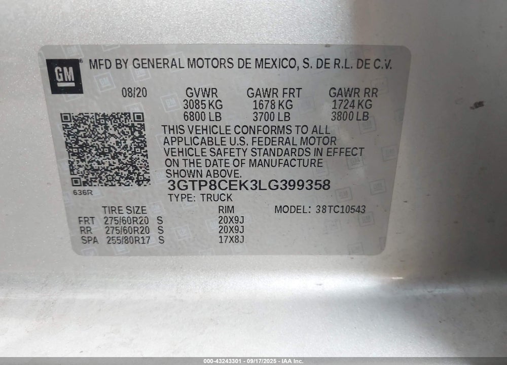 2020 GMC SIERRA 1500 VIN: 3GTP8CEK3LG399358