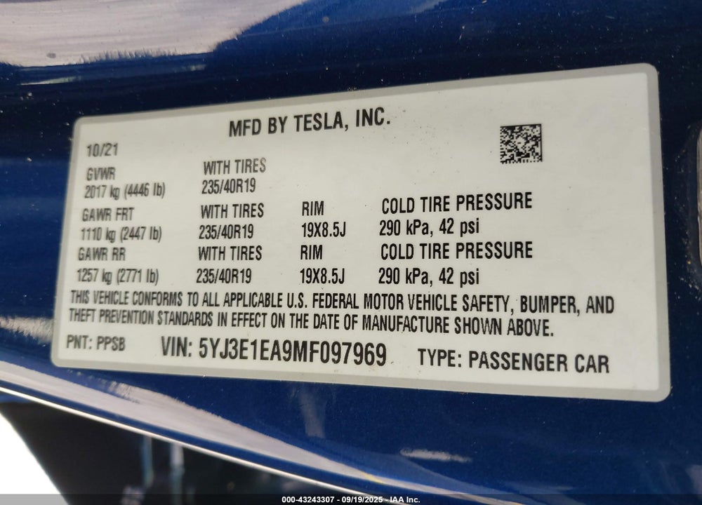 2021 TESLA MODEL 3 VIN: 5YJ3E1EA9MF097969