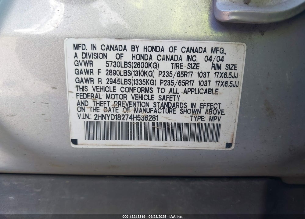 2004 ACURA MDX VIN: 2HNYD18274H536281