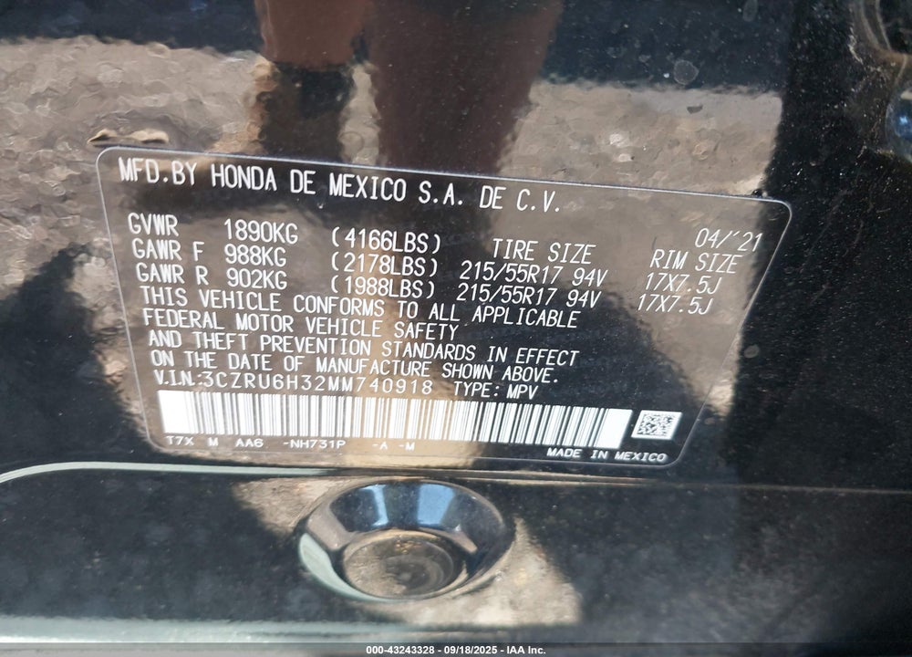 2021 HONDA HR-V VIN: 3CZRU6H32MM740918