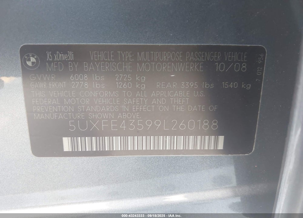 2009 BMW X5 VIN: 5UXFE43599L260188
