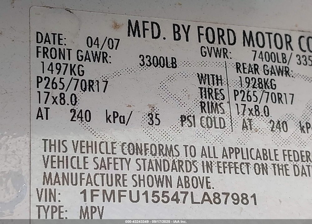 2007 FORD EXPEDITION XLT VIN: 1FMFU15547LA87981