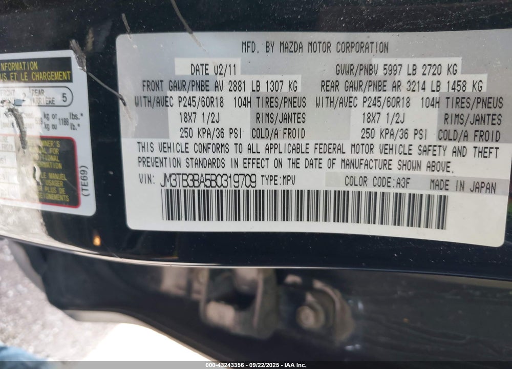 2011 MAZDA CX-9 SPORT VIN: JM3TB3BA5B0319709