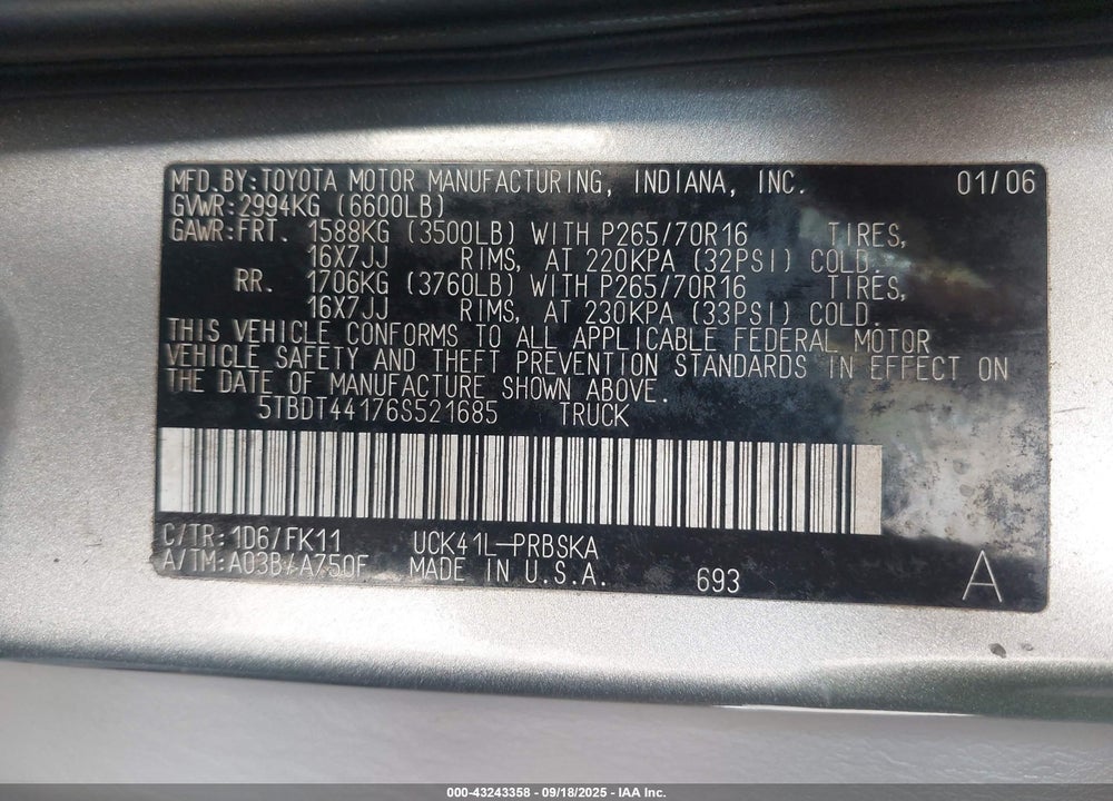 2006 TOYOTA TUNDRA SR5 V8 VIN: 5TBDT44176S521685