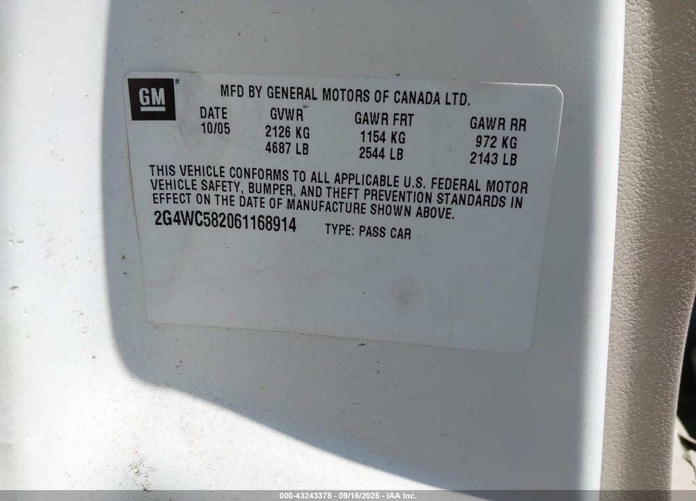 2006 BUICK LACROSSE CX VIN: 2G4WC582061168914