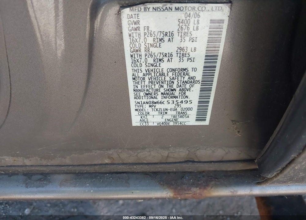 2006 NISSAN XTERRA VIN: 5N1AN08W66C535495