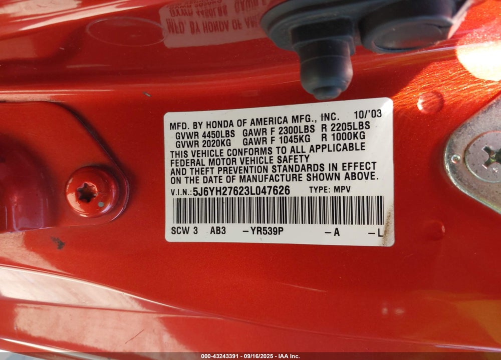 2003 HONDA ELEMENT EX VIN: 5J6YH27623L047626