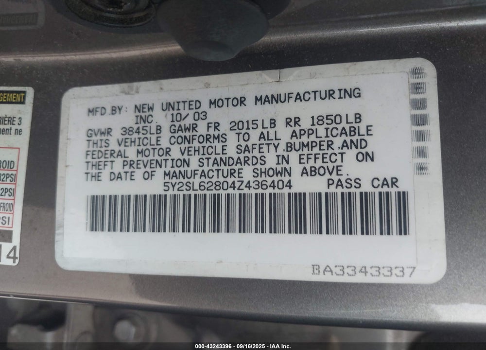 2004 PONTIAC VIBE VIN: 5Y2SL62804Z436404
