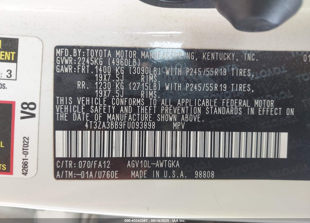 2015 TOYOTA VENZA VIN: 4T3ZA3BB9FU093898