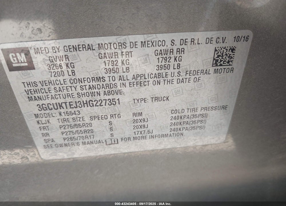 2017 CHEVROLET SILVERADO 1500 VIN: 3GCUKTEJ3HG227351