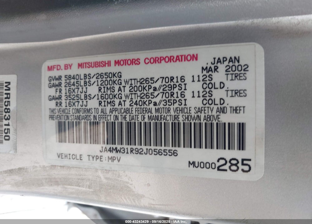 2002 MITSUBISHI MONTERO XLS VIN: JA4MW31R92J056556