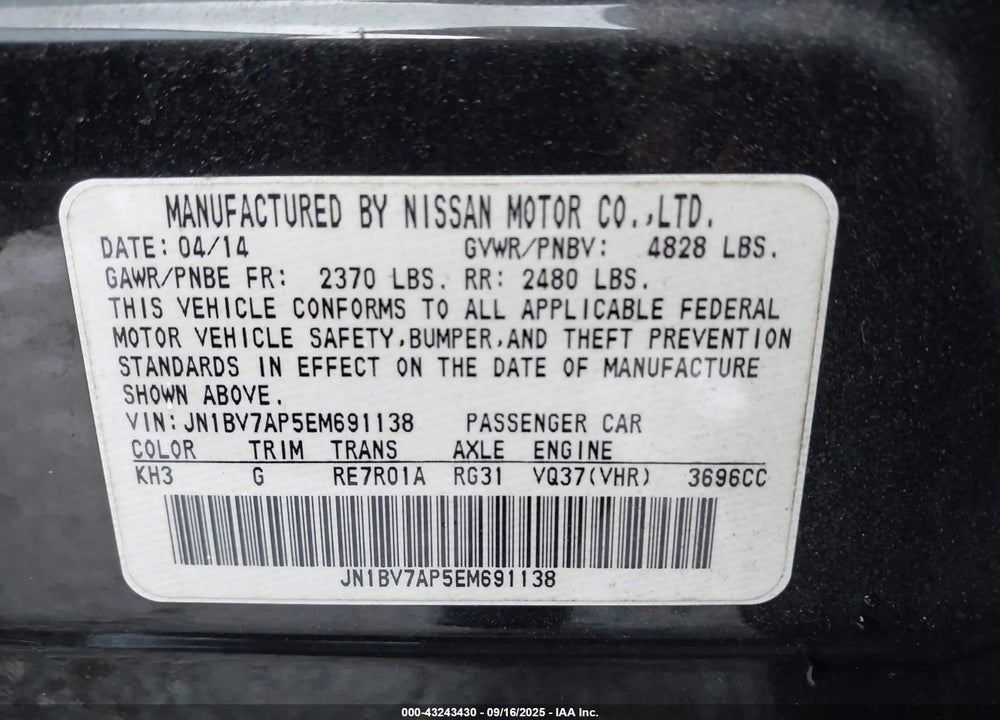 2014 INFINITI Q50 VIN: JN1BV7AP5EM691138