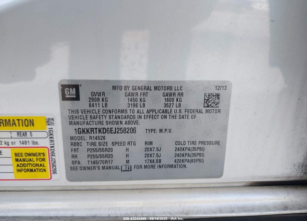 2014 GMC ACADIA DENALI VIN: 1GKKRTKD6EJ258206