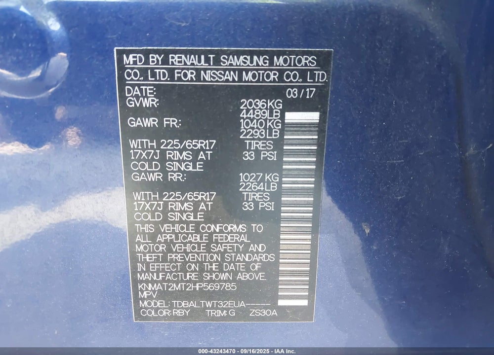 2017 NISSAN ROGUE VIN: KNMAT2MT2HP569785