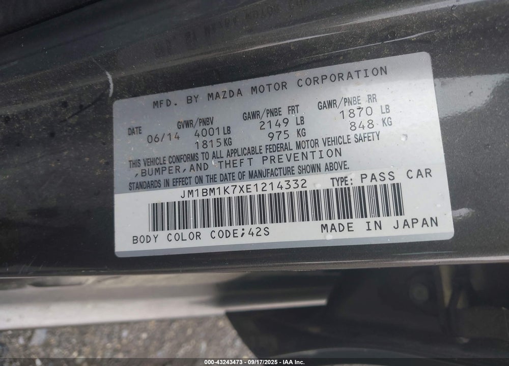 2014 MAZDA 3 VIN: JM1BM1K7XE1214332