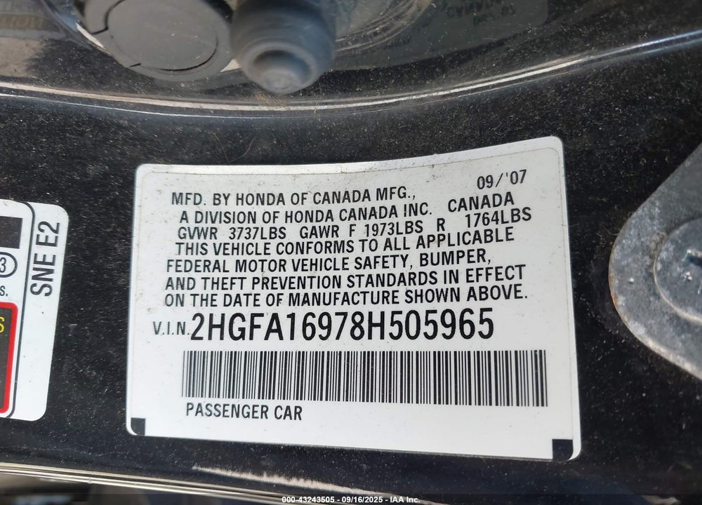 2008 HONDA CIVIC EX-L VIN: 2HGFA16978H505965
