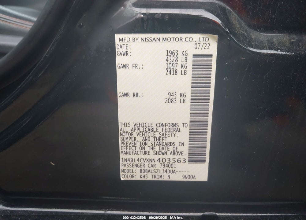2022 NISSAN ALTIMA VIN: 1N4BL4CVXNN403563