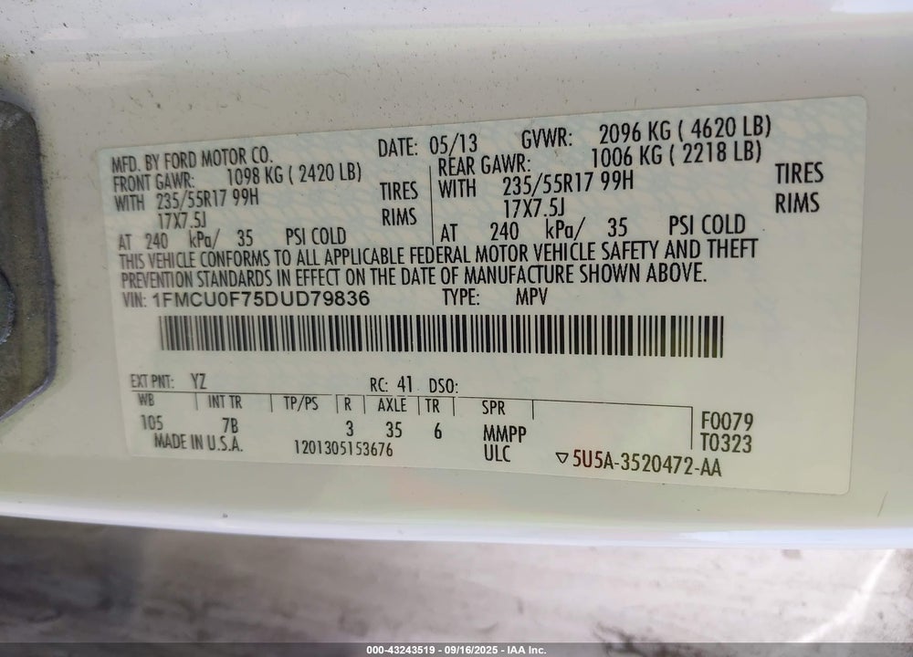 2013 FORD ESCAPE VIN: 1FMCU0F75DUD79836