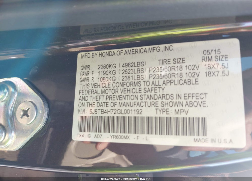 2016 ACURA RDX VIN: 5J8TB4H72GL001192